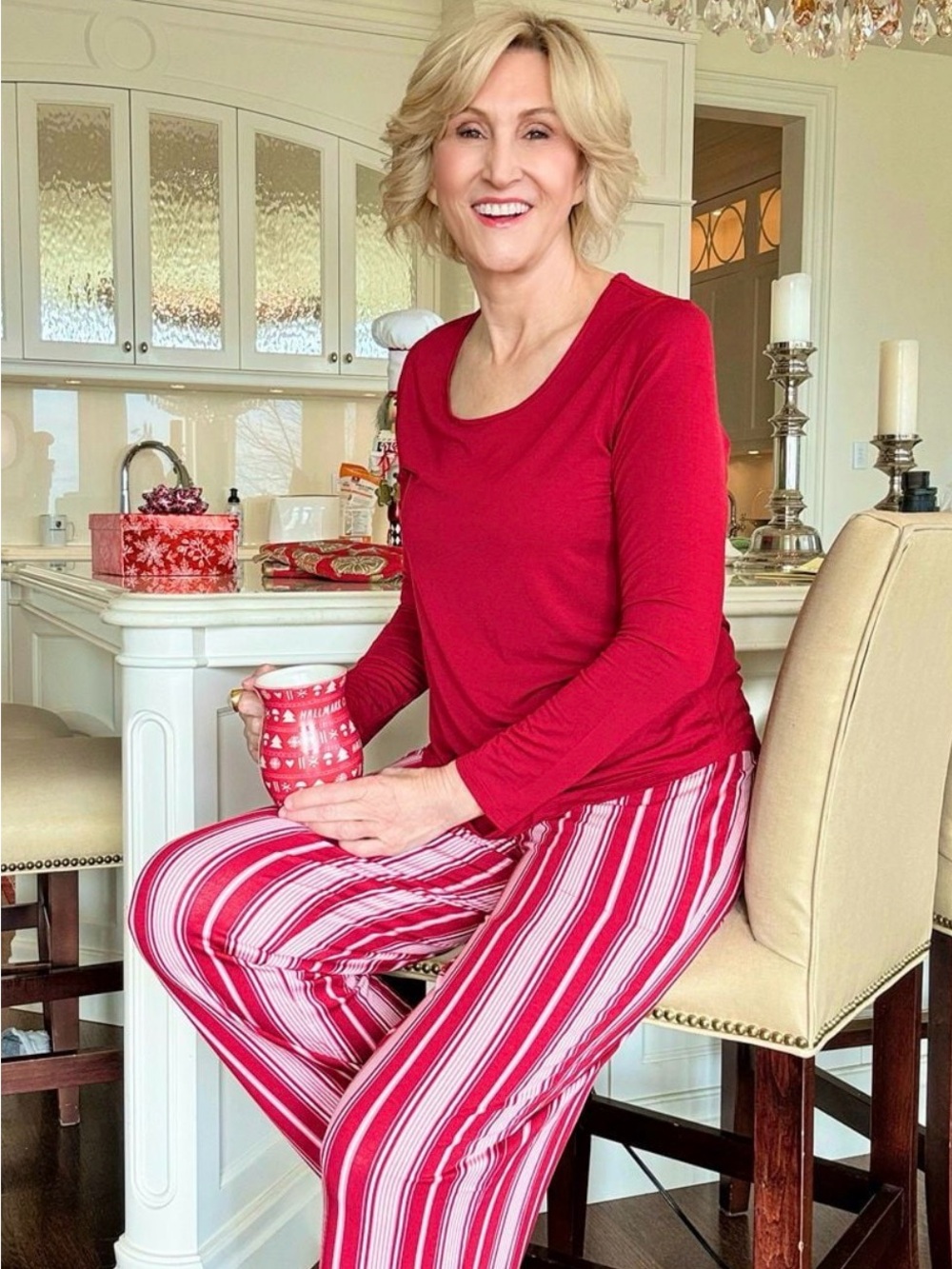 Soma Red Long-Sleeve Pajama Top with Red & White Striped Lounge Pants